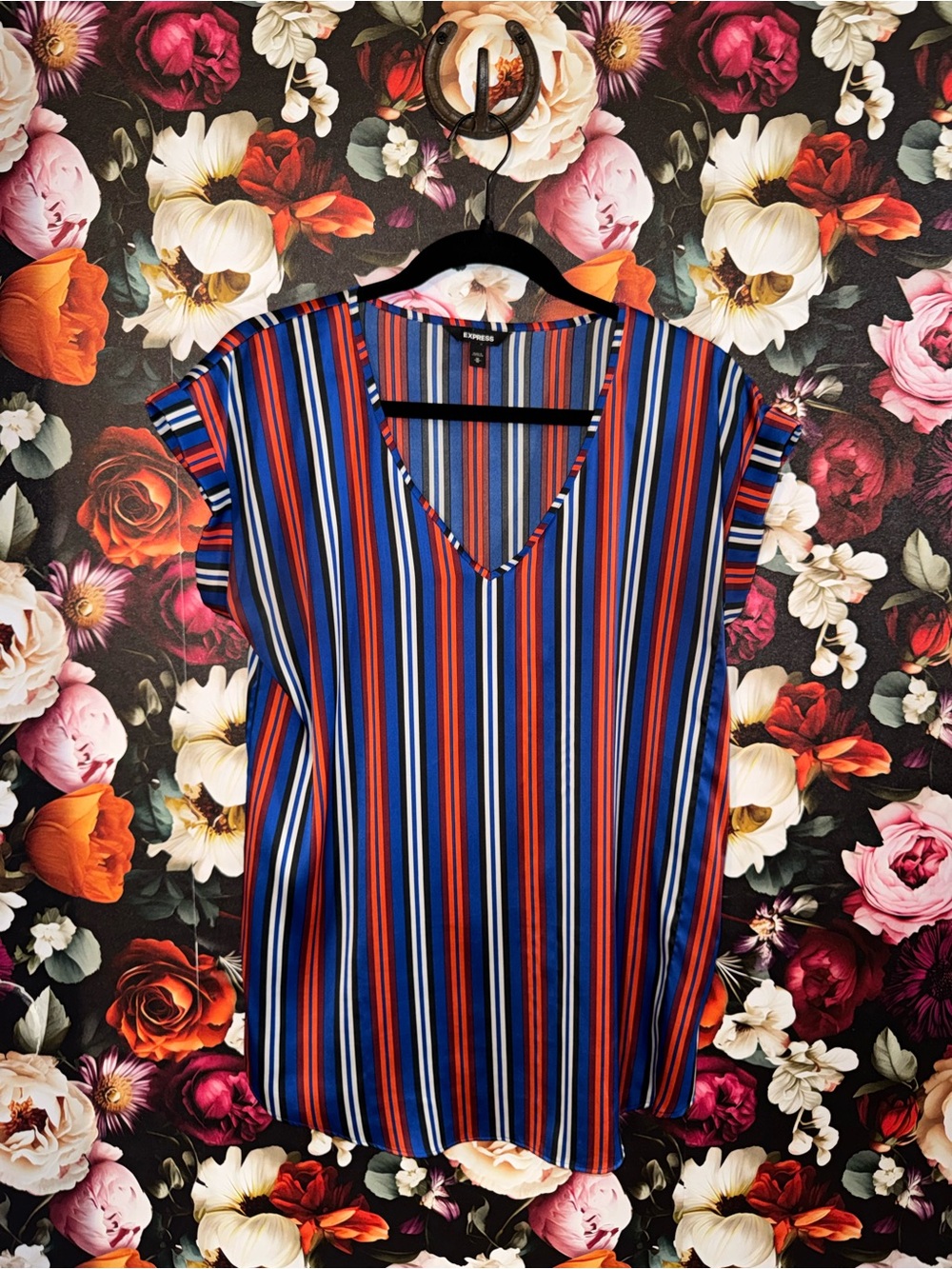 Express Striped Blouse w/ Blue, White, Burgundy, Orange Vertical Stripes, M